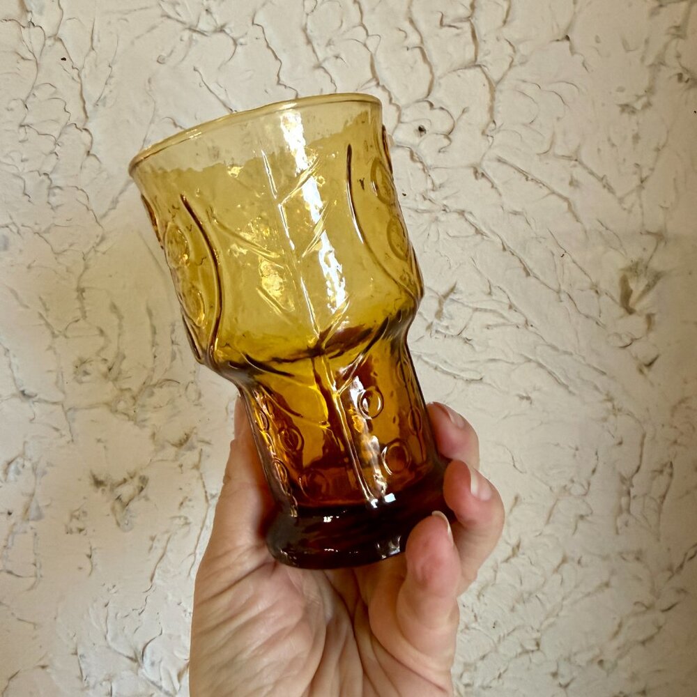 Vintage Amber Glass Goblets Set of 6 Floral Pressed Glass Mid Century A - Picture 5 of 10